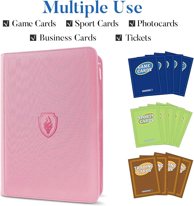 Premium Zip Card Binder, Fabmaker 9 Pocket Trading Card Binder, PU Cover Zipper Card Collection Album, Sturdy 360 Side-Loading Card Folder Holder for Game & Sports Cards, Pink
