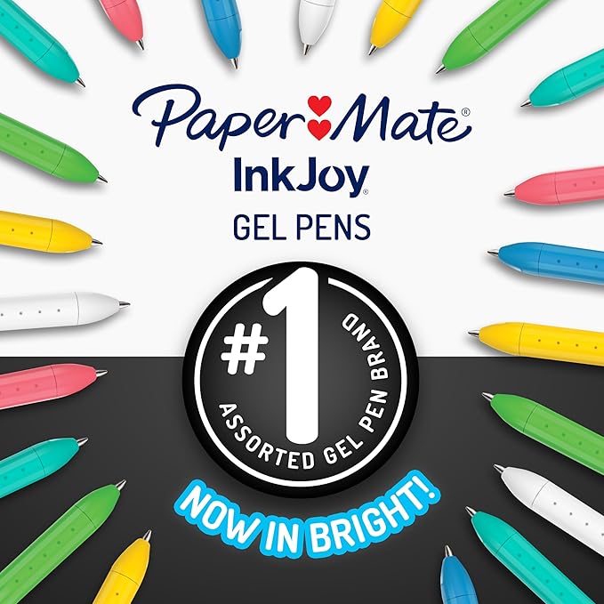 Paper Mate InkJoy Bright Gel Pens Medium Point (0.7mm) Retractable Assorted Opaque Ink Comfortable Grip Vivid Colors, (Pack of 12)