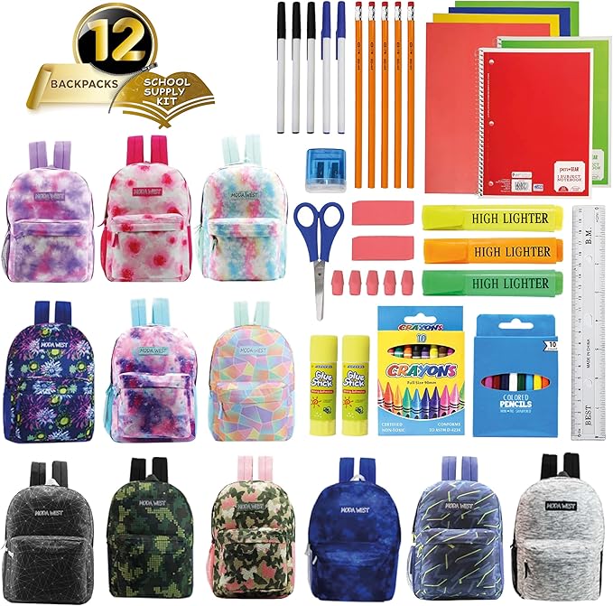 12-Pack 17” Sport Backpacks with 52 Piece School Supplies Kits - Pens, Pencils, Crayons – Bulk Bundle for Elementary, Middle, and High School Students, 12 Assorted Styles
