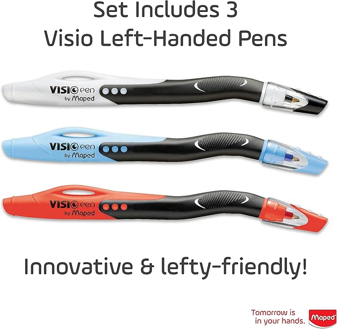 Maped - Visio Left-Handed Quick-Drying Ballpoint Pen - 3 Pack - Writing Notes - Left-Handed Design - Curved Barrel for Visibility - Quick-Drying Ink, Comfortable Grip, Versatile Colors
