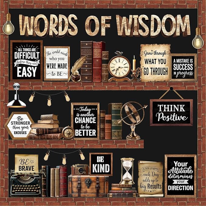 57 Pcs Industrial Chic Bulletin Board Set Inspirational Rustic Classroom Decoration Farmhouse Bulb Typewriter Brick Cutout for School Office Chalkboard Door Wall Decor