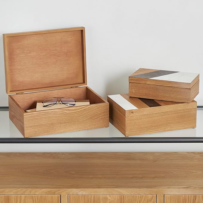 Deco 79 Wooden Geometric Decorative Box Decorative Keepsake Boxes with Cream and Dark Brown Stripes, Set of 3 Storage Boxes 14", 12", 10"W, Brown