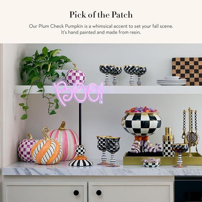 MACKENZIE-CHILDS Small Pumpkin, Resin Halloween Home Decor, Purple-and-White Plum Check