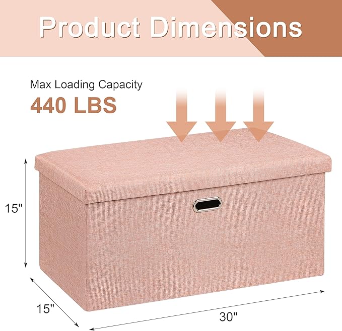 VECELO 30'' Folding Storage Ottoman Bench, End of Bed Linen Fabric Foot Rest Stool with Padded Seat, Large Footstools for Bedroom, Living Room, Load 550 lb, Pink