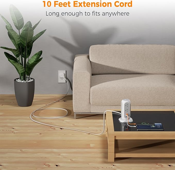 Surge Protector Power Strip Tower 10 Ft, TESSAN Flat Plug Extension Cord with 11 AC Multiple Outlets 3 USB Ports (1 USB C), 1050J Desk Charging Station for Home, Office Supplies, Dorm Room Essentials