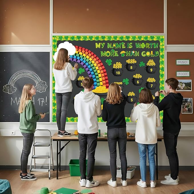 St. Patrick's Day Bulletin Board Shamrock Gold Coin Pot Paper Cutout Rainbow Clover Classroom Decor March Bulletin Board with Border for Irish Party Door Wall Classroom Home Office Supplies