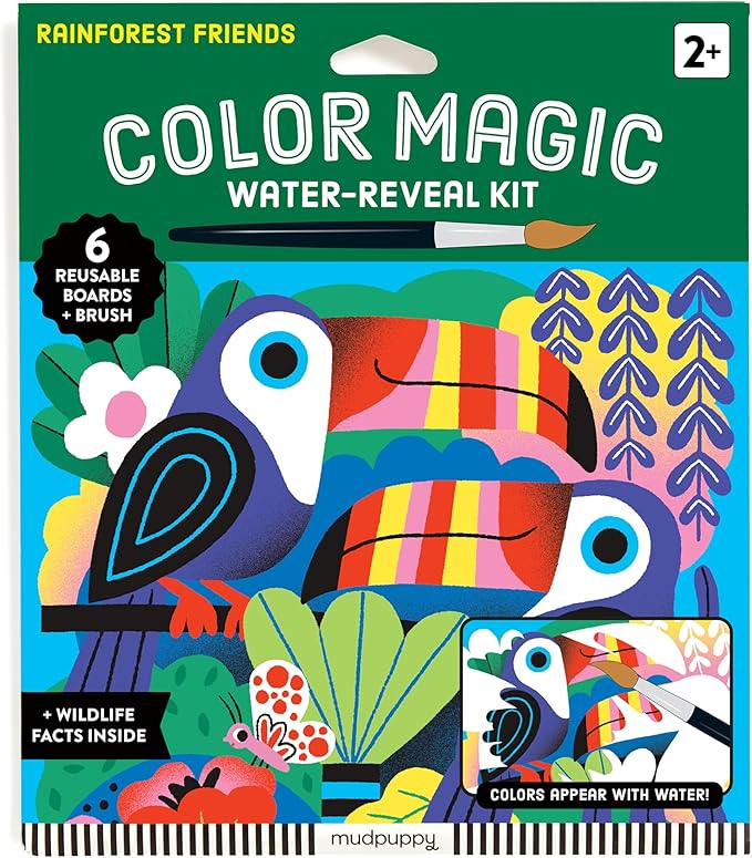 Mudpuppy Rainforest Friends – Color Magic Water Reveal Kit with Illustrations of Rainforest Animals for Children Ages 2 and Up