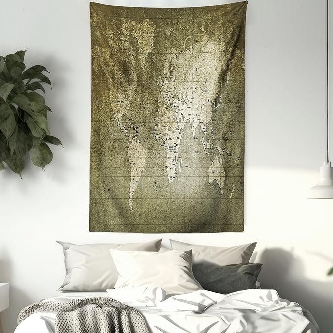 Ambesonne Antique Tapestry, Old World Map Texture Nostalgic Plan Atlas Trace of Life, Fabric Wall Hanging Decor for Bedroom Living Room Dorm, 30" X 45", Khaki Beige