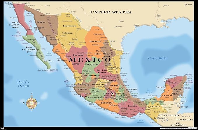 Trends International Map - Mexico Wall Poster, 14.725" x 22.375", Premium Unframed Version