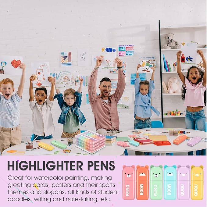 Fuutreo 60 Pcs Cute Mini Bear Highlighter Pens Kawaii Highlighter Set Back to School Gift Assorted Pastel Colors Chisel Tip Marker Pens for Kids Students Adults School Office Supplies