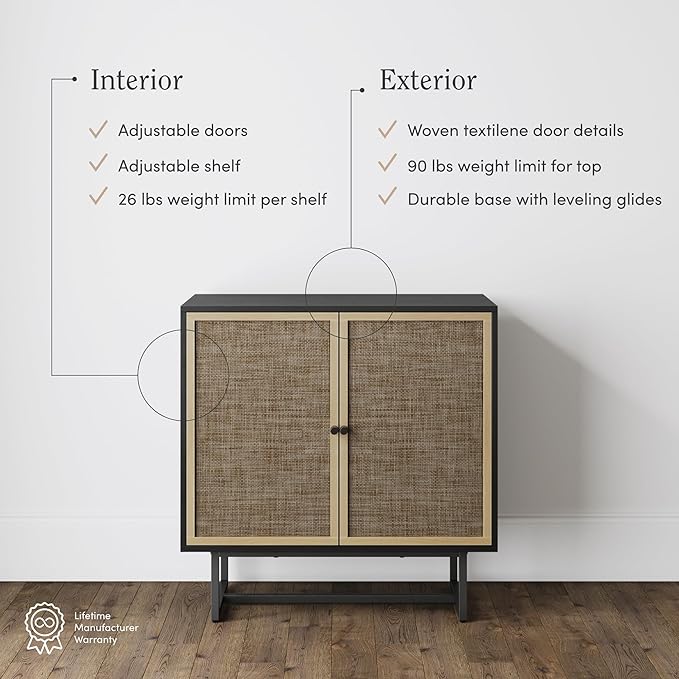 Nathan James Kova Rattan Wood Accent Sideboard Storage Cabinet TV Stand with Matte Metal Frame, Adjustable Shelves and Cane Doors, for Hallway, Entryway or Living Room, Black Oak/Cane, Set of 3