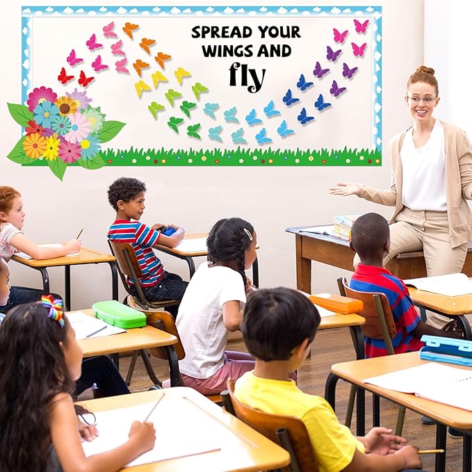 Spring Butterfly Flower Bulletin Board Set Spread Your Wings and Fly Classroom Bulletin Board Decors Colorful 3D Butterflies Name Tags for Back to School Office Home Chalkboard Wall Door Supplies