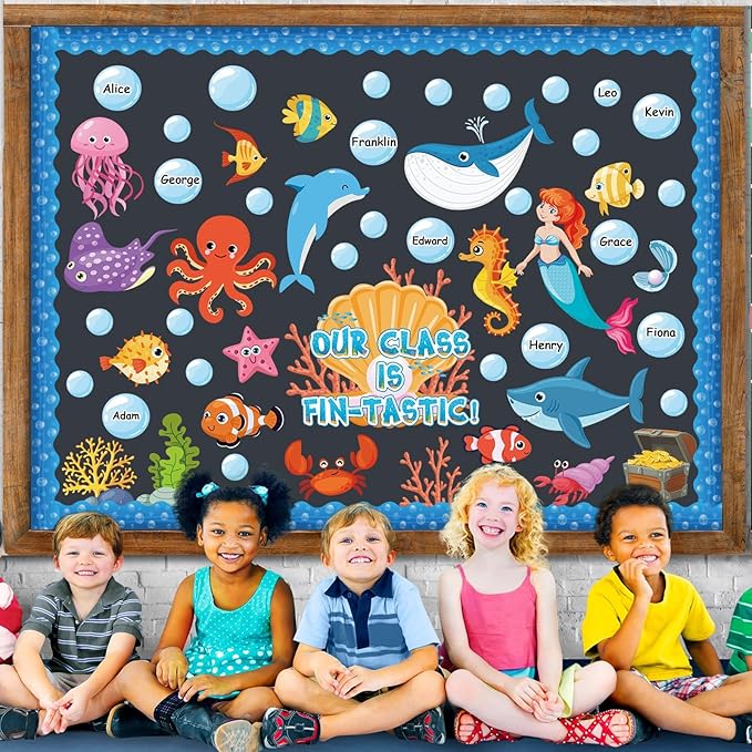 gisgfim Under The Sea Bulletin Board Decoration Set Classroom Sea Animals Cutouts Borders for School Decor Ocean Theme Summer Welcome Bulletin Board Craft Door Home Wall(Our Class is Fin-Tastic)