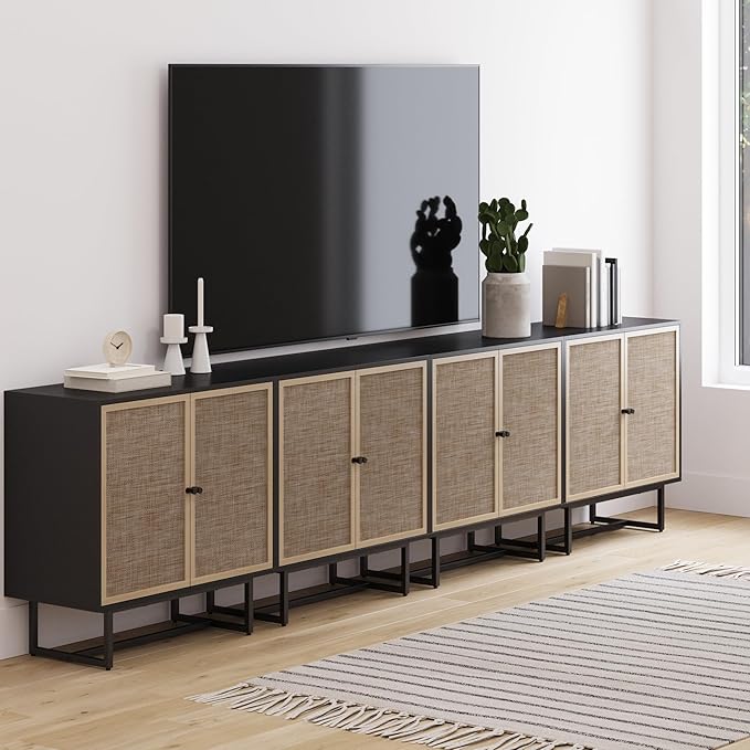 Nathan James Kova Rattan Wood Accent Sideboard Storage Cabinet TV Stand with Matte Metal Frame, Adjustable Shelves and Cane Doors, for Hallway, Entryway or Living Room, Black Oak/Cane, Set of 4