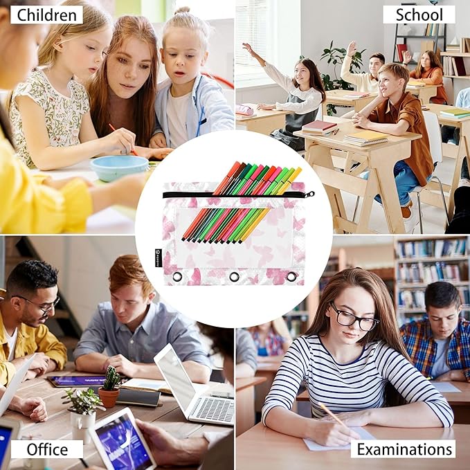 Butterfly Pencil Pouch Flip Folder 3 Rings,Binder Zipper Pouch with Clear PVC Window for Family,Office 2 Pack