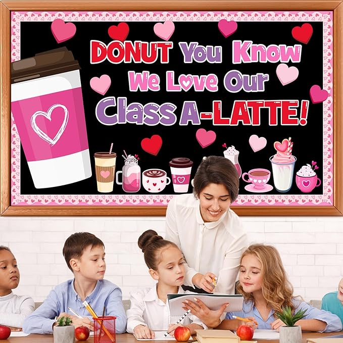 Valentine's Day Latte Bulletin Board Set Coffee Theme Classroom Decoration Valentines Coffee Cup Heart Motivational Paper Cutouts for School Classroom Party Chalkboard Wall Decor Teacher Supplies