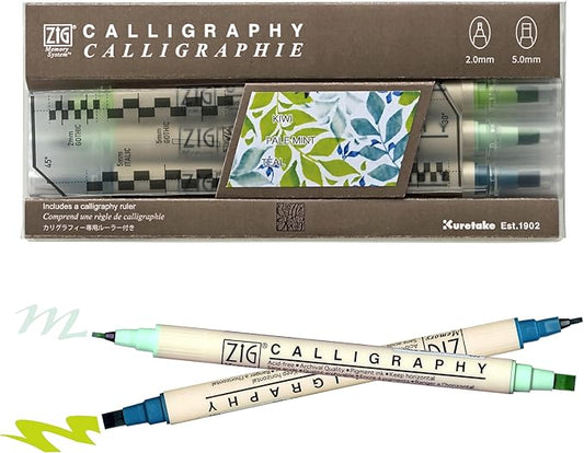 Kuretake Zig Calligraphy Dual Tip Marker Pens 3 colors set, KiwiMint, 2mm, 5mm, Double Tip, for Art, Sketch, illustration, Calligraphy, Journal, Drawing, Made in Japan