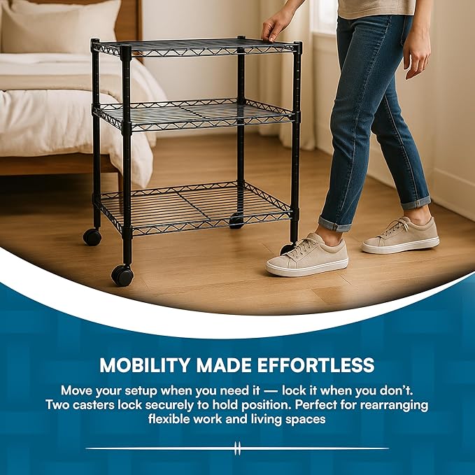Honey-Can-Do 3-Tier Media Shelf Organizer with Adjustable Shelves, Black Steel Wire Shelving, Storage Rack with Smooth Rolling Locking Casters