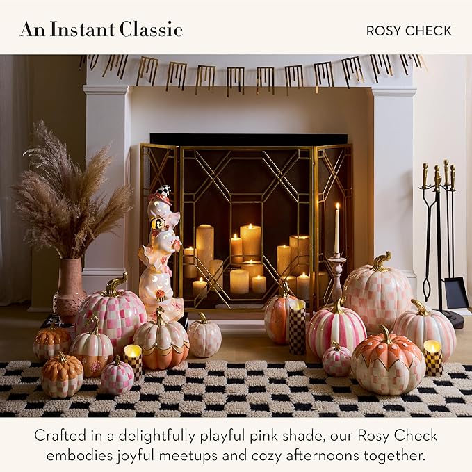MACKENZIE-CHILDS Pumpkin, Resin Halloween and Fall Decor, Small, Pink-and-White Rosy Check