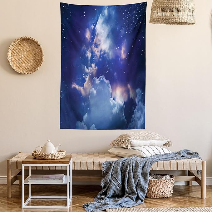 Ambesonne Space Tapestry, Magic Sky View with Star and Clouds Celestial Colorful World Cosmic Expanse Theme, Fabric Wall Hanging Decor for Bedroom Living Room Dorm, 30" X 45", White and Blue