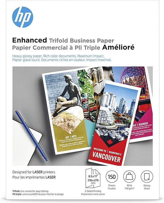 HP Enhanced Tri-fold Business Paper, Glossy, 8.5x11 in, 40 lb, 150 sheets, works with laser printers (Q6612A)