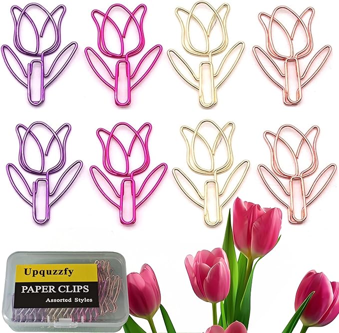 20 Pcs Metal Flower Paper Clips Set - Cute Large Decorative Paperclips for File Organization, School, Home Office and Wedding Decor 4 Colors (TULIPFLOWER)