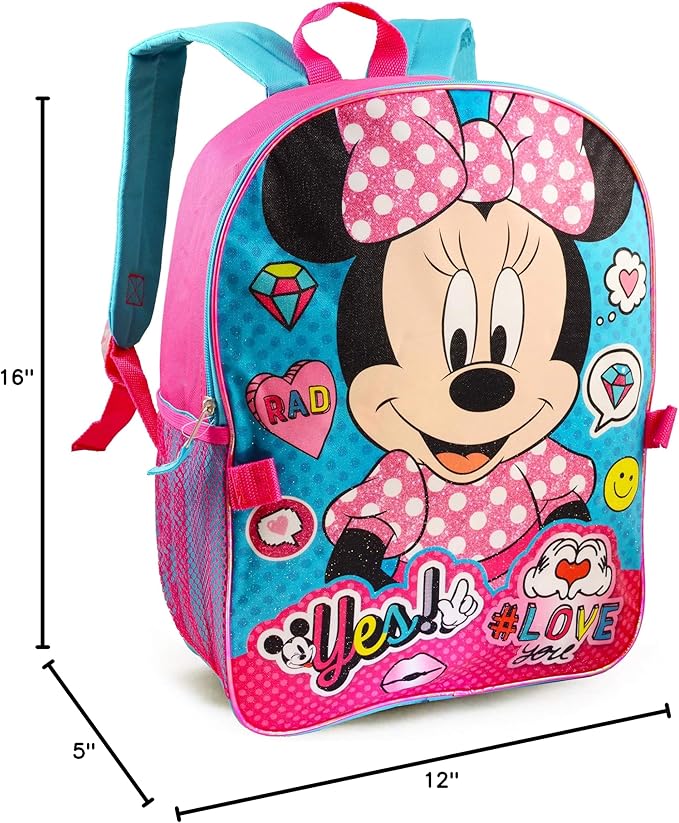 Disney Minnie Mouse Backpack with Lunch Box for Girls 5 Pc Bundle ~ Deluxe 16" Minnie Bag, Insulated Lunch Bag, Stickers, and More (Minnie Mouse School Supplies) (Minnie Mouse Blue)