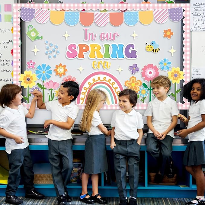 Spring Bulletin Board Decoration Set Floral Classroom Decoration Flowers Rainbow Bee Paper Cutouts in Our Spring Era Bulletin Board for School Office Home Nursery Chalkboard Wall Decor Party Supplies