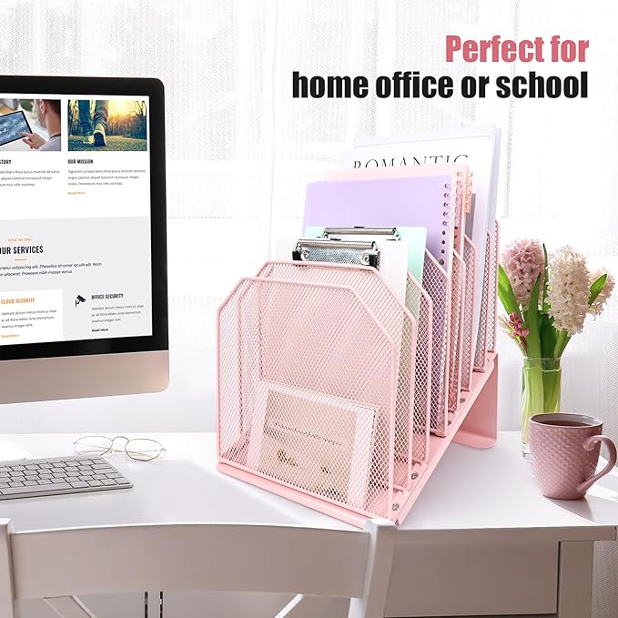 Inclined File Organizer for Desk, 7-Tier Vertical File Folder Holder Office Desk Organizer Metal Rack File Wire Mesh Desktop Document Sorter for Office School Classroom Home (Pink)