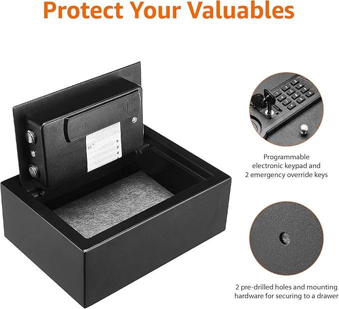 Amazon Basics Small Slim Desk Drawer Security Safe with Programmable Electronic Keypad, Secure Quick Access, 0.1 Cubic Feet, Black, 11.8"W x 8.6"D x 4.4"H