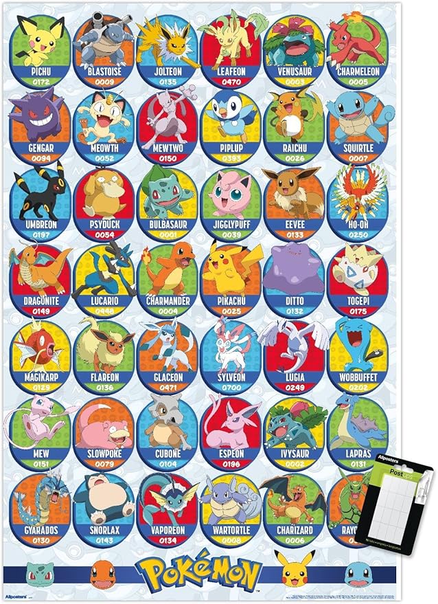 Pokémon: All-Time Favorites - Grid Wall Poster, 22.4L" x 14.7W", Premium Poster & Mount Bundle