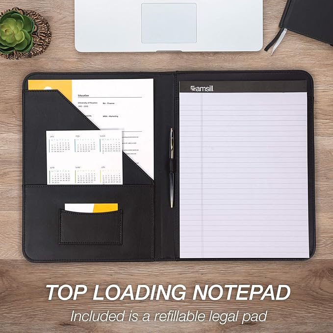 Samsill Contrast Stitch Faux-Leather Padfolio, Business Portfolio for Men and Women, Resume Document Organizer with 8.5 x 11 Inch Writing Pad, Black