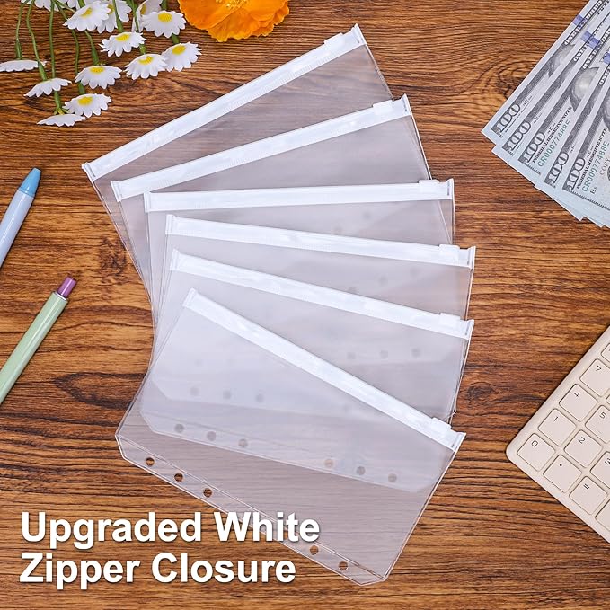 Antner 20pcs A6 Binder Pockets 6-Hole Budget Binder Inserts Cash Stuffing Envelopes for Budgeting, White Zipper Pouch Folders Loose Leaf Filling Bags Money Organizer for A6 6-Ring Planners and Binders