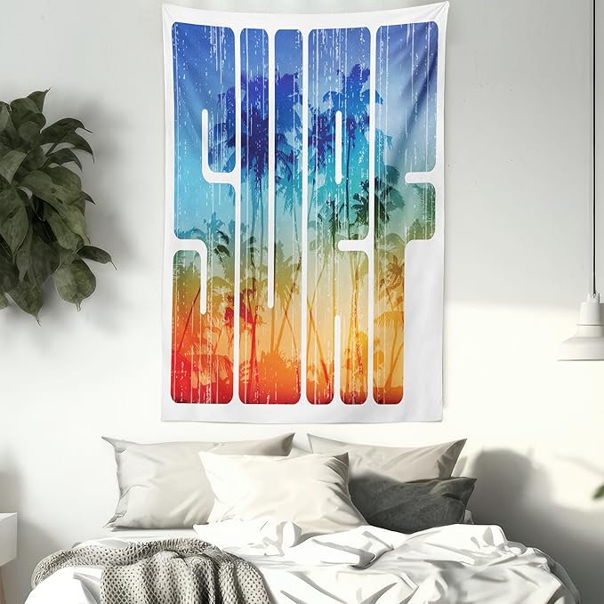 Ambesonne Surf Tapestry, Summer Theme Retro Letters That Reflect the Seacoast Palm Tree Extreme Sports Art, Fabric Wall Hanging Decor for Bedroom Living Room Dorm, 30" X 45", Navy Orange