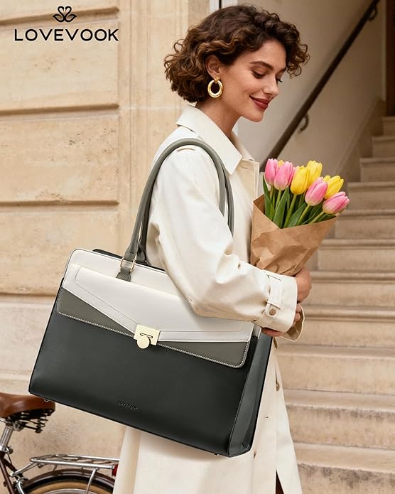 LOVEVOOK Laptop Tote Bag for Women - PU Leather Vintage Work Tote Bag,Waterproof Business Teacher Bag with Large Cup Holder