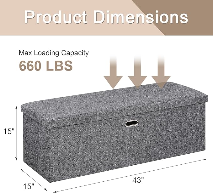 VECELO 43'' Folding Storage Ottoman Bench, End of Bed Linen Fabric Foot Rest Stool with Padded Seat, Large Footstools for Bedroom, Living Room, Load 660 lb, Grey