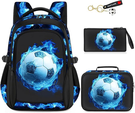 School Backpacks for Boys - 4pcs Soccer Boys Backpacks with Lunch Box Set for Kids Teens Elementary Middle School, 17″ Large Capacity Students Bookbag, Perfect for Travel