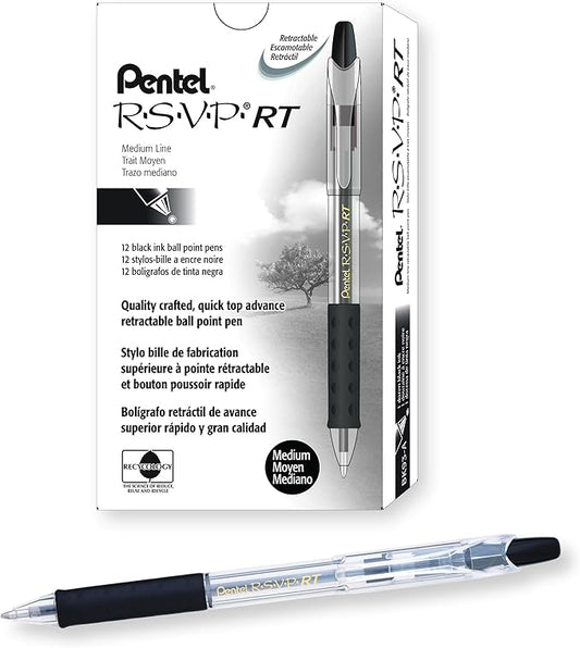 RSVP Pentel RT Retractable Ballpoint Pen, (1.0mm) Tip, Black Ink, Box of 12 (BK93-A)