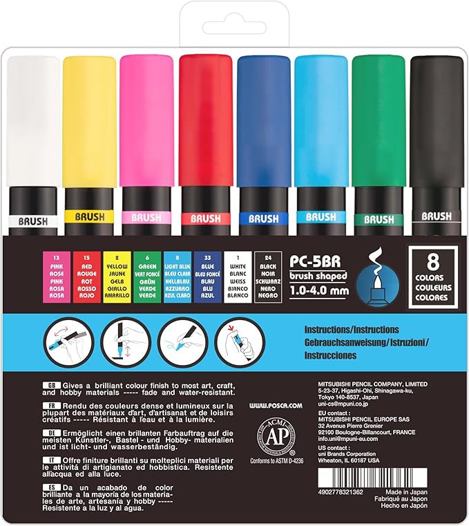 POSCA PC-5BR Water-Based Paint Markers, Reversible Brush Tip (1.0-4.0mm), Assorted Colors, 8 pack