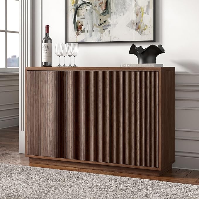 Henn&Hart 47.5'' Fluted Sideboard Buffet Cabinet, Ribbed Modern Wooden Credenza with 3 Doors, Adjustable Shelves, and Cable Management Cut-Outs for Dining Room, Kitchen or Living Room, Satin Walnut