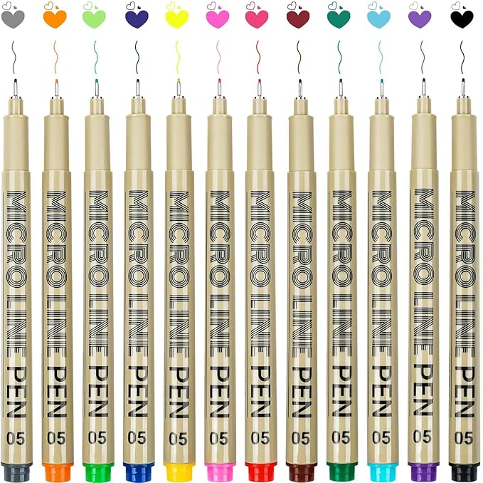 KERIFI 05 Micro Fineliner Drawing Art Pens: 12 Colors 0.45mm Multiliner Fine Liner Pens, Fine Point No Bleed Waterproof Archival Ink Pen Set for Bible Journal Watercolor Zentangle Kit Stuff Supplies
