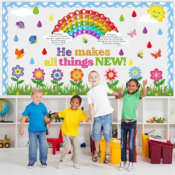 Religious Spring Bulletin Board Set Spring Rainbow Flower Classroom Decorations Christian Clouds Paper Cutouts for Door Wall Decor Easter Church Sunday School Supplies