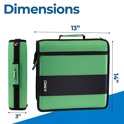 Case-it Classic Zipper Binder | 2-Inch O-Rings, 350 Sheet Capacity, Multiple Storage Pockets & Shoulder Strap | School & Office Organizer | D-251 Canopy Green | 6 Pack