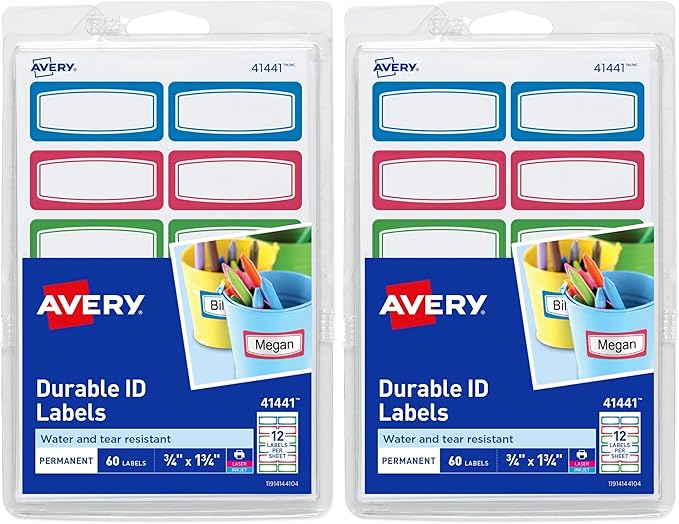 Avery(R) Durable Labels for Kids' Gear, 3/4" x 1-3/4", Assorted Border Colors, Water-Resistant, 60 Rectangle Labels Total (Pack of 2)