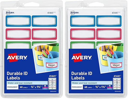 Avery(R) Durable Labels for Kids' Gear, 3/4" x 1-3/4", Assorted Border Colors, Water-Resistant, 60 Rectangle Labels Total (Pack of 2)