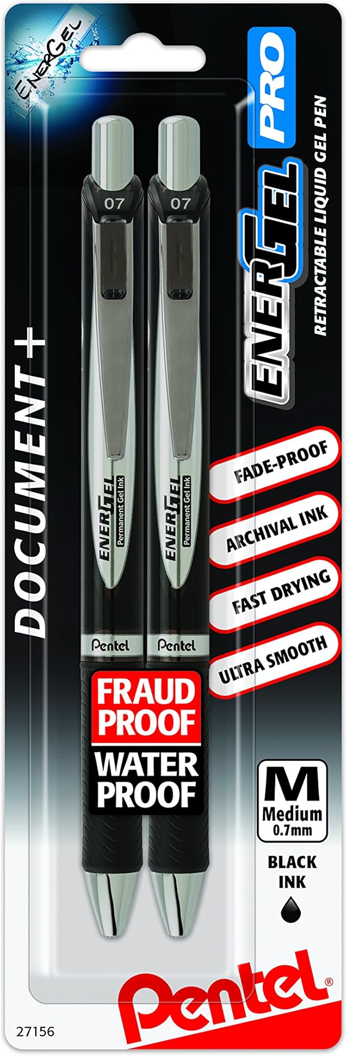 Pentel EnerGel PRO Permanent Gel Pen, (0.7mm), Medium Line, Archival and Water-Proof, Black Ink, Pack of 2 (BLP77BP2A)