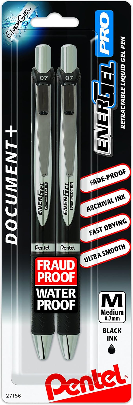 Pentel EnerGel PRO Permanent Gel Pen, (0.7mm), Medium Line, Archival and Water-Proof, Black Ink, Pack of 2 (BLP77BP2A)