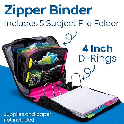 Case-it King Sized Zip Tab School Zipper Binder | 4-Inch D-Rings, 800 Sheet Capacity, 5-Subject Expanding File Folder, Multiple Pockets & Storage Organizer, Shoulder Strap | D-186 Magenta