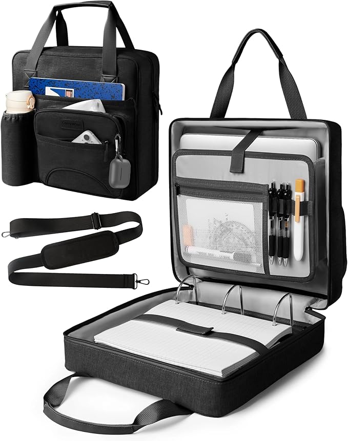 Upgraded 3 Rings Zipper Binder Organizer 3 Inch Zippered Binders with Strap Large Zip Up Portfolio Folder Bag with 9 Pockets Laptop Compartment for Office Travel, Black