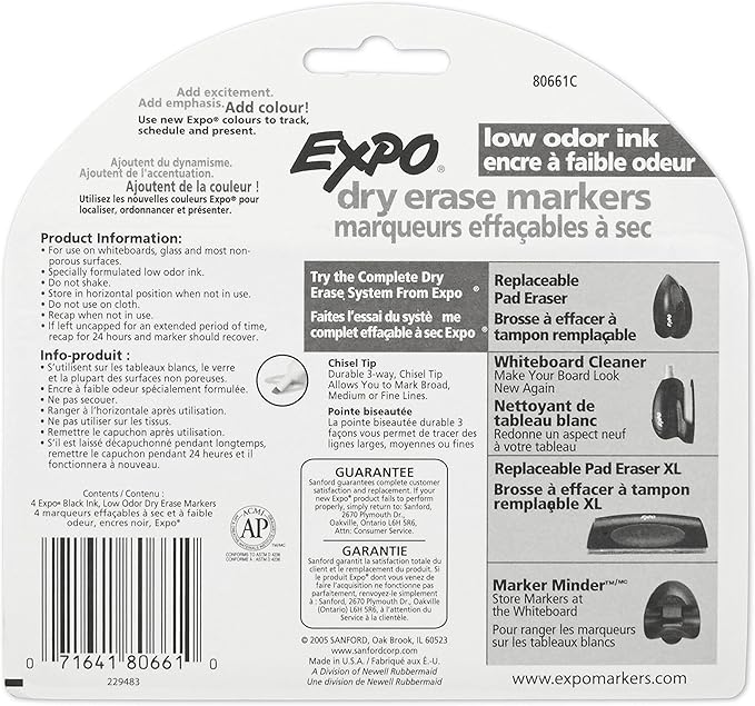 EXPO Dry Erase Markers, Low Odor Ink, Black, Chisel Tip, 4 Count - Whiteboard, Calendar, Organization, Essential Supplies for Office, School, Classroom, Teachers